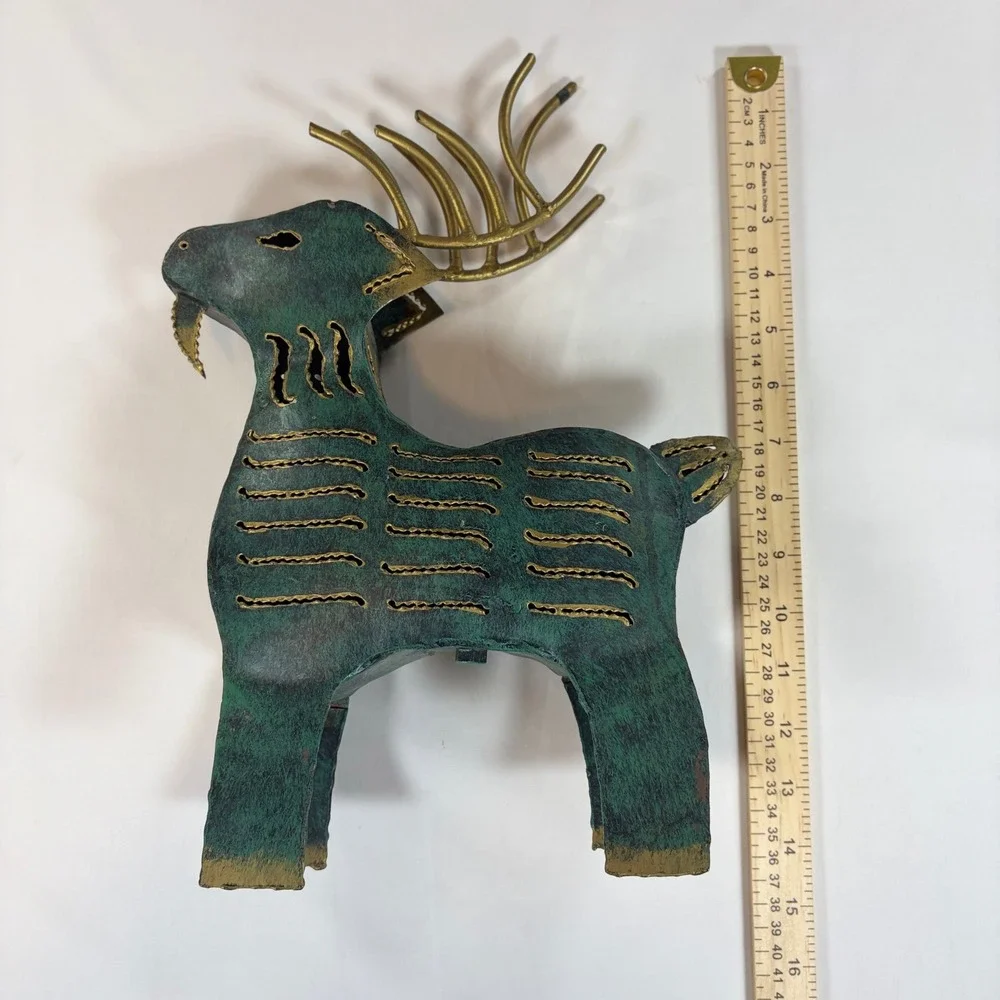 Rustic Verdigris Metal Reindeer Candle Holder Figurine Gold Antler Folk Art 13